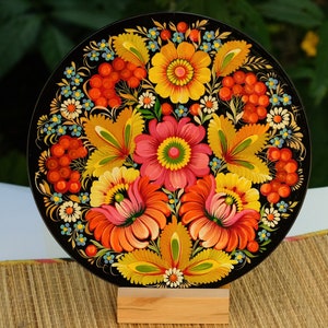 Decorative wooden plate 7.9 in, Hand-painted Ukrainian wall plate, Unique flower plate painted with Petrykivka painting, Ukraine folk plate