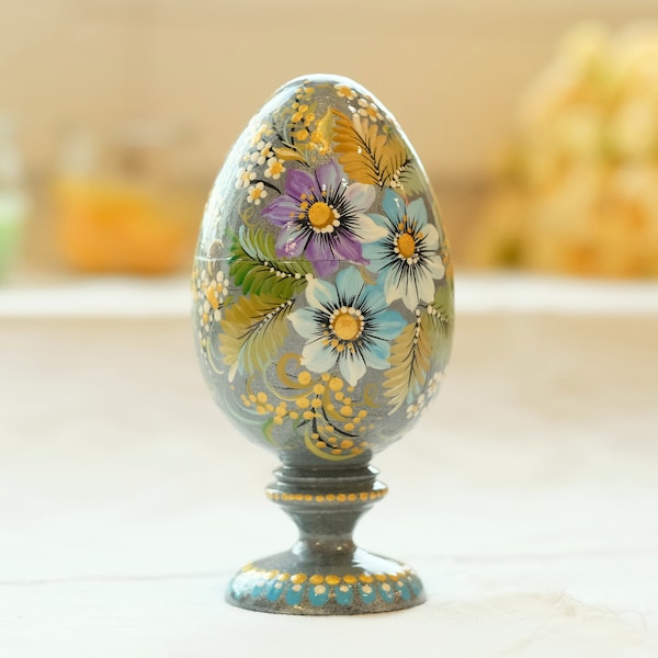 Egg-shaped jewelry box, Easter egg on stand, Decorated jewelry box, Blue flower ring box, Surprise egg trinket box, Cute silver keepsake box