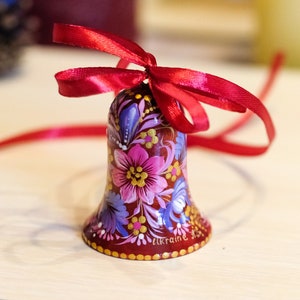 Ukrainian Christmas ornament bell, Christmas bell decoration, Painted Petrykivka ornament, Red flower tree decor, Unique wooden ornament