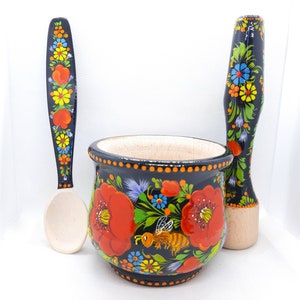 Mortar and Pestle set, Bee mortar and pestle, Wooden spices masher, Herb grinding bowl, Painted red flower crush pot, Ukraine Petrylivka art