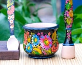 Mortar and Pestle set, Wooden mortar and pestle, Spices and herb masher, Purple blue flower grinding bowl, Unique kitchen bowl, Crush pot