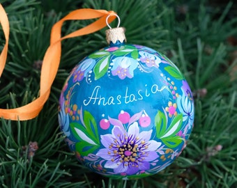 Personalized Christmas tree ornament, Custom tree ball, Unique tree bauble, Fairy blue flower tree ball, Personalized Christmas hanging