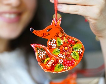 Fox ornament hand painted Christmas ornament, Handmade wooden Christmas fox, Ukrainian Petrykivka ornaments, Woodland animal ornaments