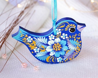 Painted bird Christmas ornament - Ukrainian Christmas ornament, Handmade wooden ornament with blue bird, Petrykivka Christmas ornament