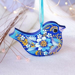 Painted bird Christmas ornament - Ukrainian Christmas ornament, Handmade wooden ornament with blue bird, Petrykivka Christmas ornament
