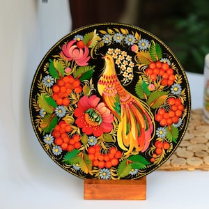 Decorative wooden plate 7.9 in, Hand-painted Ukrainian wall plate, Fairy bird plate painted with Petrykivka painting, Ukraine folk art plate