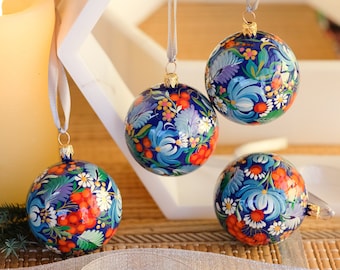 Christmas ornament set, Hand-painted Ukrainian Christmas ornaments, Blue flower tree balls 2.4 in, Set of 4 Christmas baubles
