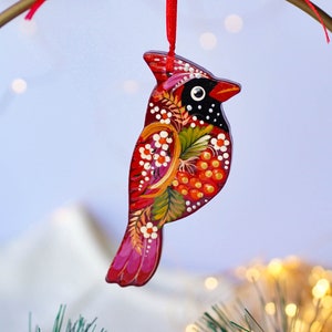 Cardinal Christmas ornament Hand painted Christmas ornament wood - Handmade red cardinal bird Ukrainian ornament with Petrykivka painting