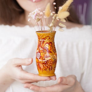 Personalized painted wooden vase 4.7 in - Beige flower Ukrainian folk art Petrykivka vase, Small vase for dried flowers, Handmade wood vase