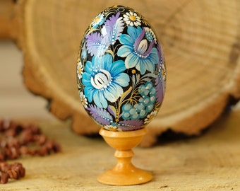 Wooden goose Easter egg hand painted with Ukrainian Petrykivka painting, Traditional Ukrainian Pysanky, Decorative egg ornaments on stand