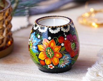 Candelabro de madera ucraniana pintada a mano, candelabro Petrykivka, candelabro de girasol amarillo con vela.