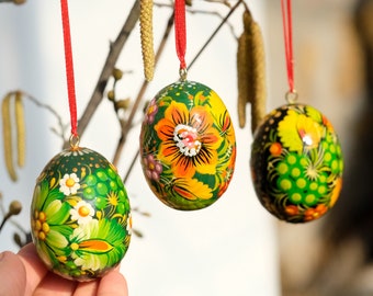 Conjunto de huevos de Pascua ucranianos, Conjunto de 3 adornos de huevos de árbol de Pascua, Huevos de Pysanky ucranianos - huevos de Pascua de madera colgantes, Huevos de girasol pintados