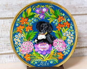 Custom pet portrait on wood, Ukraine Petrykivka art, Portrait from photo, Hand painted pet dog, Personalized pet ornament, Pet memorial gift