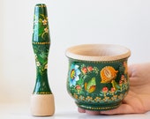 Mortar and Pestle set, Mushroom mortar and pestle, Wooden spices masher, Herb grinding bowl, Painted frog crush bowl, Unique kitchen bowl