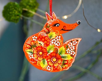 Fox ornament hand painted Christmas ornament, Handmade wooden Christmas fox, Ukrainian Petrykivka ornaments, Woodland animal ornaments