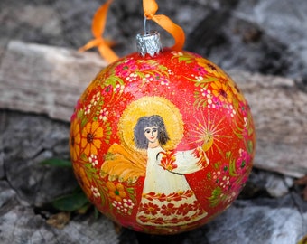 Hand painted angel ornament, Christmas tree angel, Ukrainian Christmas bauble ornament, Unique tree ball with Petrykivka painting