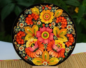 Decoratieve houten plaat 7,9 inch, handgeschilderd Oekraïens wandbord, uniek bloemenbord beschilderd met Petrykivka-schilderij, Oekraïens volksbord