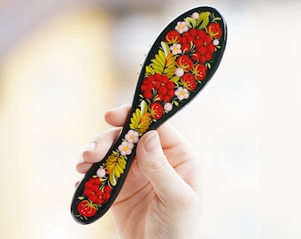 Painted wooden hairbrush, Handbag handmade Ukrainian Petrykivka hairbrush, Wooden bristle paddle hairbrush, Unique strawberry flower brush