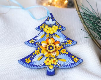 Hand painted Ukrainian Christmas ornament, Handmade wooden Christmas tree ornament, Unique Blue and yellow flowers Christmas tree decoration
