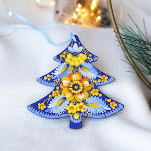 Hand painted Ukrainian Christmas ornament, Handmade wooden Christmas tree ornament, Unique Blue and yellow flowers Christmas tree decoration