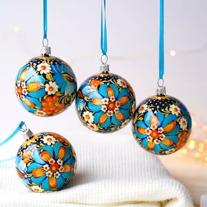Set of 4 Painted Christmas Ornaments, Hand-painted Ukrainian Christmas Ball Ornaments 2.4 in with Petrykivka art, Unique Blue Flower Baubles