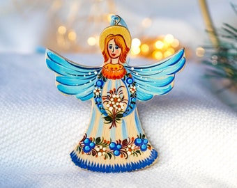 Angel ornament painted blue & yellow flower Ukrainian Christmas ornament, Wooden Christmas ornament handmade - Cute Christmas tree angel