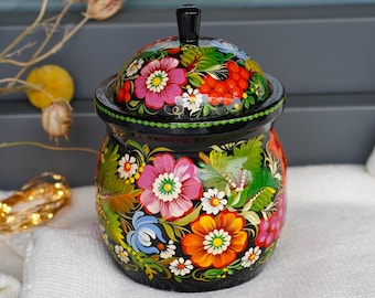 Painted wooden kitchen canister, Handmade sugar bowl with lid, Large Ukrainian pot - Petrykivka container for salt, herbs, honey