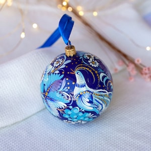 Hand-painted bird Christmas ornament - Ukrainian Christmas ornament with fairy bird, Blue flower Christmas bauble, Unique blue ball ornament