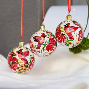 Cardinal ornaments set of 3 hand-painted Ukrainian Christmas ornaments 2.4 in - Handmade red cardinal ornaments, Petrykivka ball ornaments