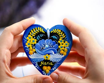 Personalized Heart Christmas Ornament - Hand-painted Wooden Ukrainian Petrykivka Folk Art Christmas Tree Decoration