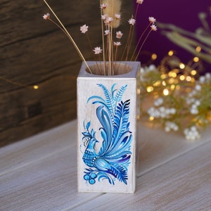 Painted Wooden Vase 5.1 in - Personalized Blue Fairy Bird Vase, Handmade Ukrainian Folk Art Petrykivka Vase, Small Vase for Dried Flowers