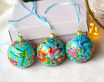 Hand painted set of Hummingbird ornaments 3 pcs - Ukrainian Christmas ornaments set with birds, Christmas tree ornaments balls - Petrykivka