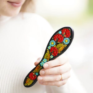 Hand-painted wooden hairbrush, Handbag handmade Ukrainian Petrykivka hairbrush, Wooden bristle paddle hairbrush, Unique red flower brush