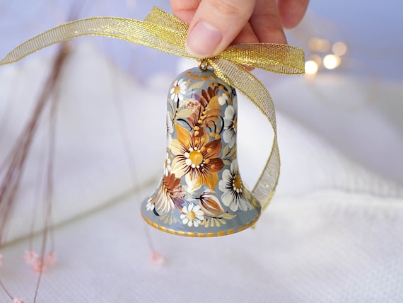 Ukrainian Christmas bell ornament - Painted wooden tree decoration, Brown & grey flower Ukrainian Christmas ornament personalized