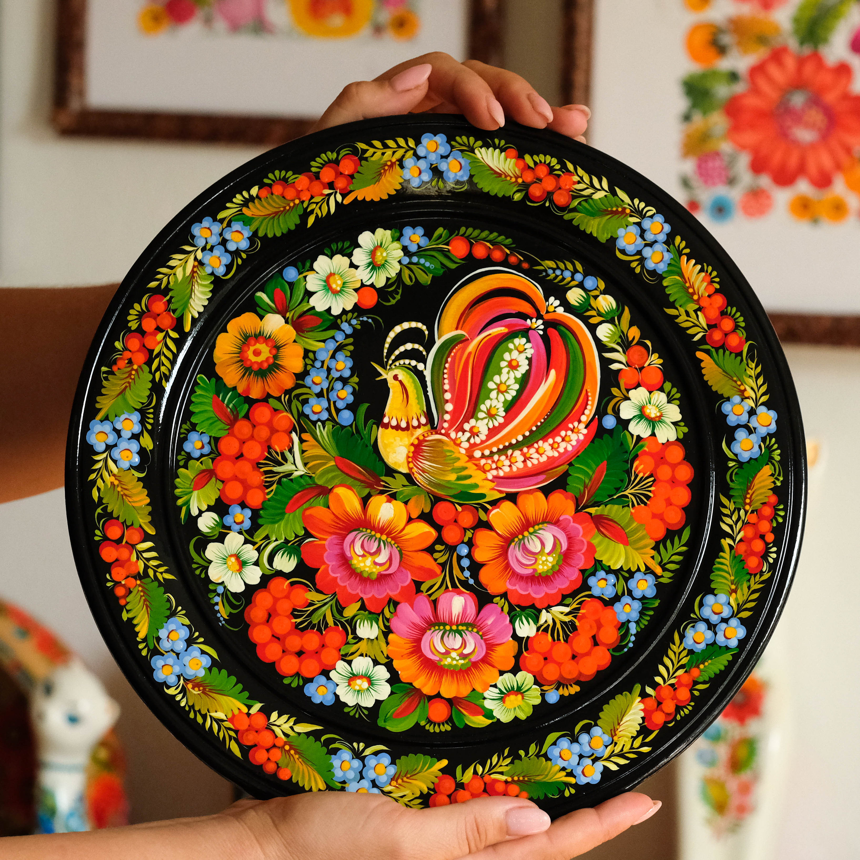 Personalized Painted Wooden Petrykivka Plate, Ukrainian Fairy Bird