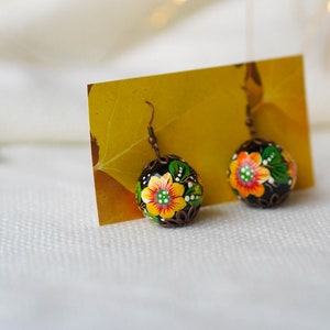 Lightweight sunflower earrings, Painted Ukrainian dangle earrings, Yellow flower wooden earrings Ukrainian jewelry, Petrykivka earrings image 6