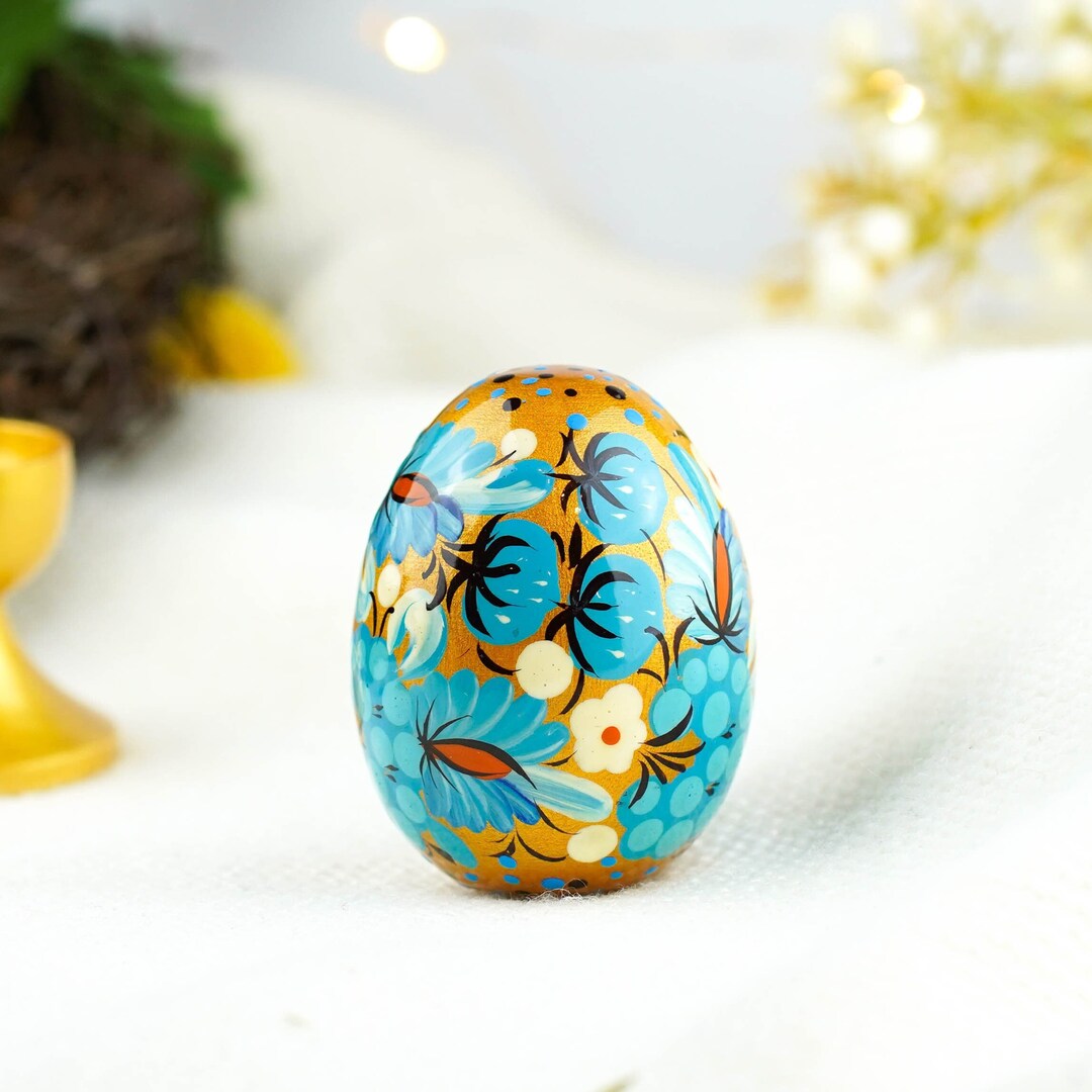 Hand-painted Wooden Easter Egg, Blue & Golden Ukrainian Pysanky Egg ...