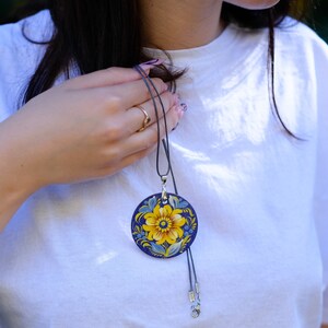 Wooden Ukrainian necklace, Hand-painted blue and yellow flower pendant, Lightweight Ukraine folk art charm, Petrykivka painted necklace image 4