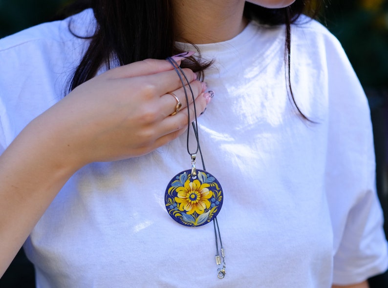 Wooden Ukrainian necklace, Hand-painted blue and yellow flower pendant, Lightweight Ukraine folk art charm, Petrykivka painted necklace image 4