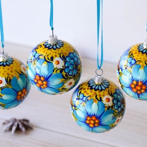 Set of 4 Painted Ukrainian Christmas Ornaments, Handmade Blue & Yellow Flower Christmas Ball Ornaments 2.4 in with Petrykivka Art