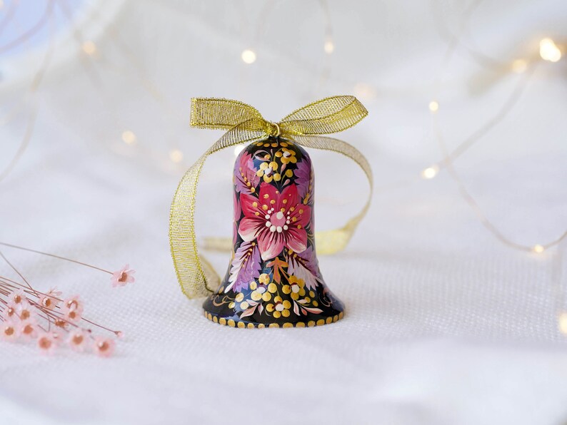 Ukrainian Christmas bell ornament, Hand-painted wooden tree decoration, Pink & purple flower Ukrainian Christmas ornament personalized image 10