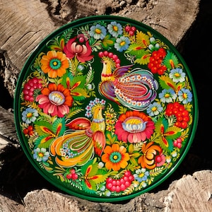 Painted wooden Petrykivka plate, Ukrainian fairy bird couple plate, Folk art decorative plate wood, Handmade Firebird wall plate large