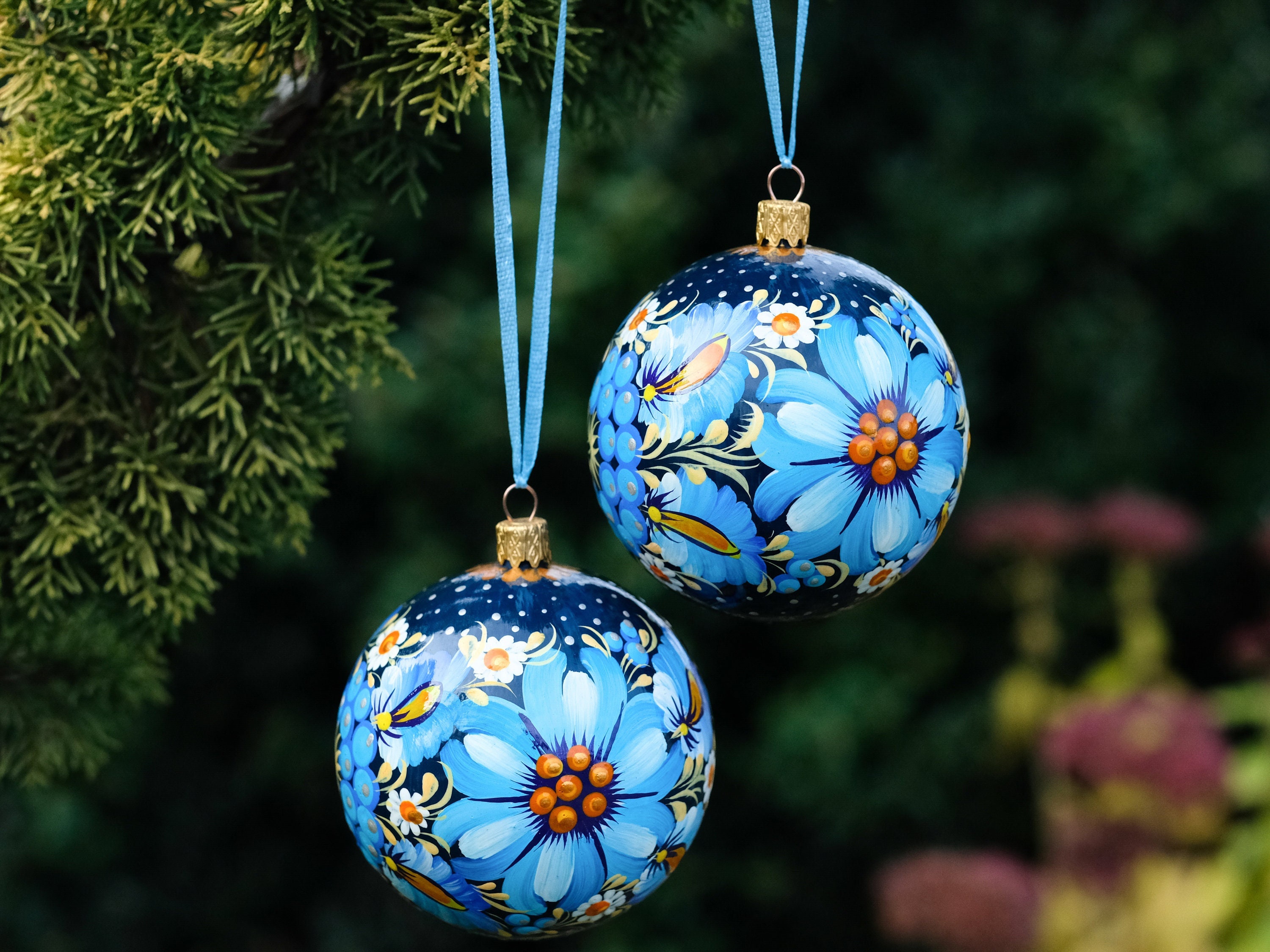 Hand-painted Christmas ornament, Ukrainian Christmas ornaments, Petrykivka Christmas tree baubles, Blue flower Christmas decorations