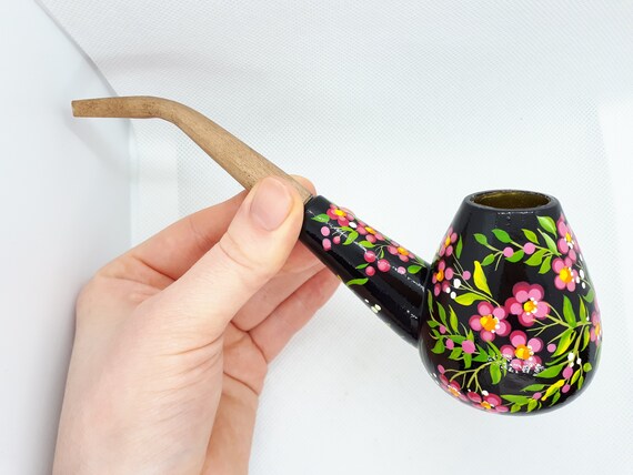 Pink flower wooden pipe Blue dove cherry blossom smoking bowl Long unique pipe Sakura pipe Cute girly spring pipe Painted tobacco pipe