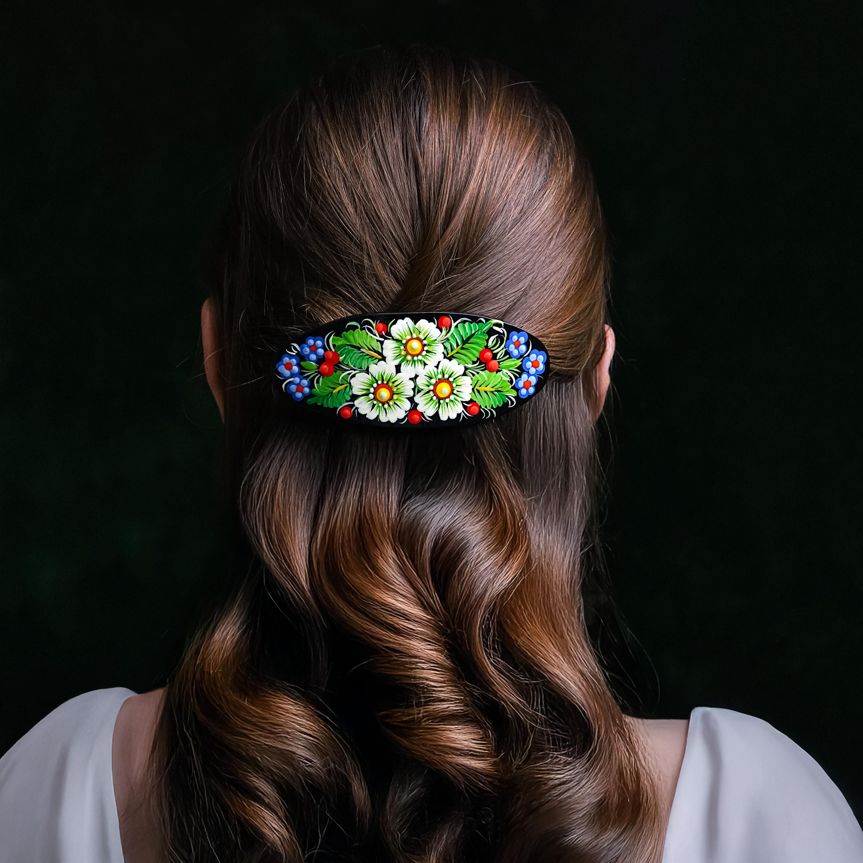 Painted Wooden Hair Barrette - Handmade Ukrainian Petrykivka Daisy