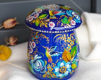 Painted wooden Hummingbird canister, Mushroom sugar bowl with lid, Blue flower Ukrainian Petrykivka bird container for salt, pepper, honey