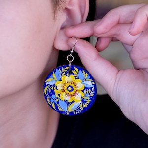 Ukrainian dangle earrings, Hypoallergenic wooden earrings, Blue and yellow earrrings, Lightweight circle earrings, Petrykivka flower earring