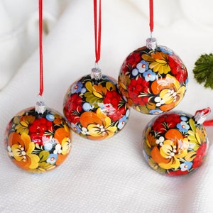 Hand-painted set of Christmas ornaments 4 pcs Handmade Ukrainian Christmas ornaments 2.4 in, Petrykivka Christmas tree ball ornaments set