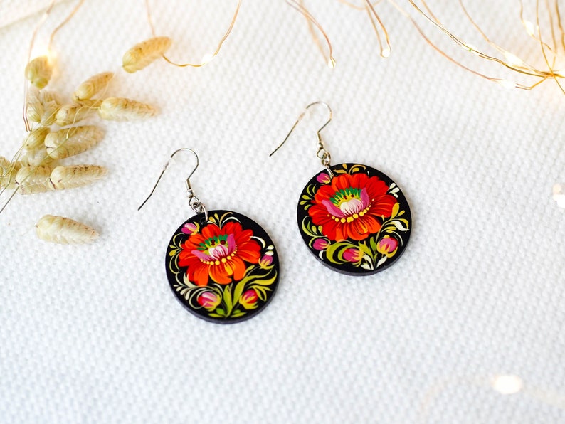 Hypoallergenic lightweight earrings, Painted Ukrainian dangle earrings, Red flower wooden earrings Ukrainian jewelry, Petrykivka earrings image 1