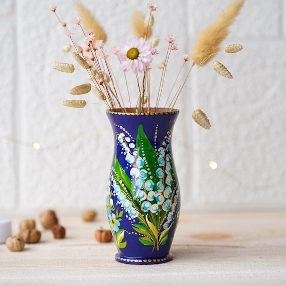 Painted Lily of the Valley Wooden Vase 4.7 in, Handmade Personalized vase, Ukrainian Forget-me-not vase, Small vase for dried flowers